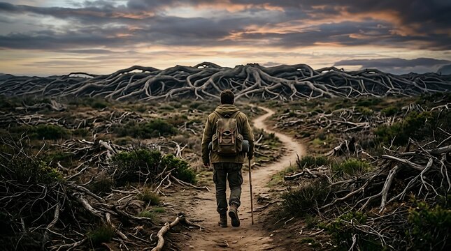 Hiker with backpack walking on a dirt path toward a giant root structure