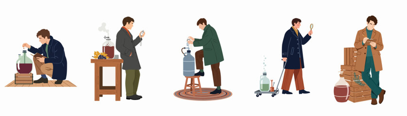 Obraz premium Set of illustrations depicting a man engaged in various steps of home winemaking and artisanal beverage production.