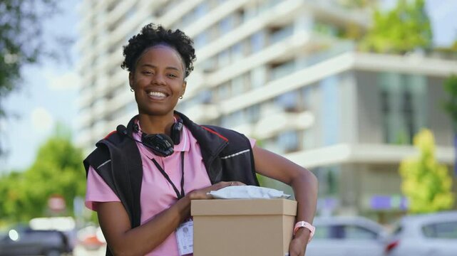 A woman smiles while holding a package outside a modern building in a city. She wears headphones and a pink shirt, showing her work in delivery services.