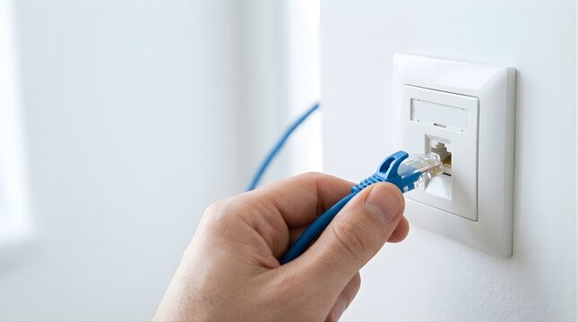 Hand plugging a blue ethernet cable into a wall internet socket for connection