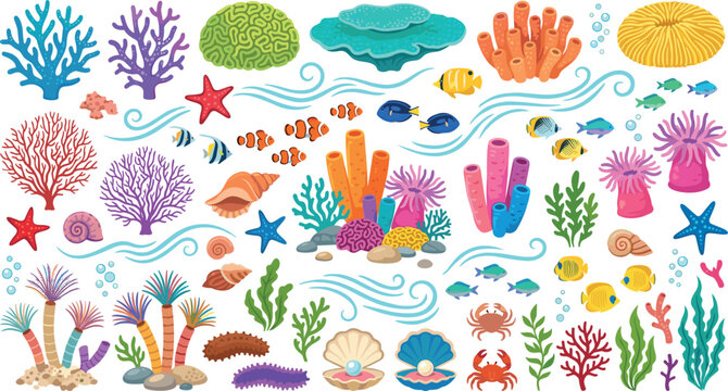 Colorful tropical coral reef vector element set with exotic fish sea anemones starfish crabs and oyster pearl icons