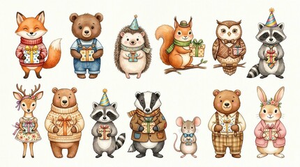 Obraz premium Festive woodland animal illustration fox bear hedgehog squirrel owl raccoon deer rabbit mouse gift cartoon photo