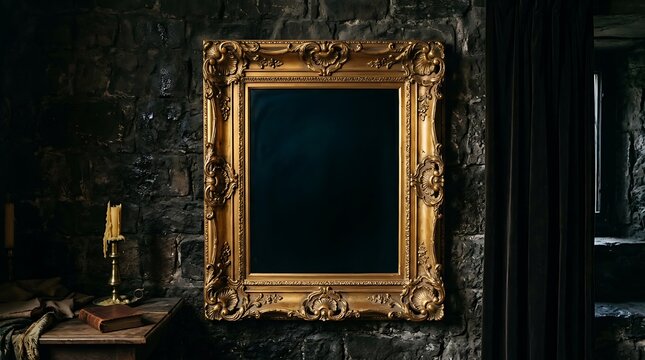 Ornate golden vintage picture frame hanging on dark rustic stone wall