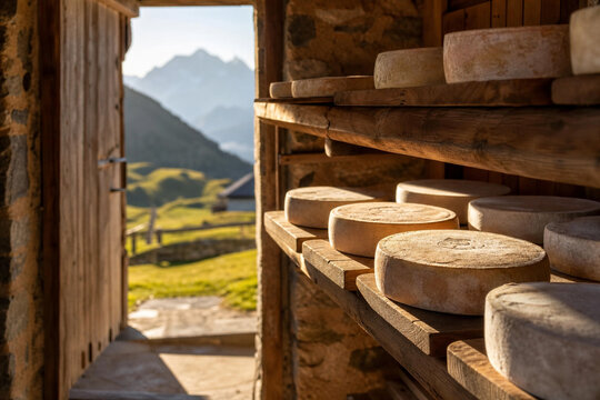 Stone alpine hut with rounds of Tomme cheese aging on wooden racks.