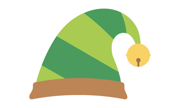 Vibrant green conical elf hat with a yellow jingle bell on a folded tip isolated on a white background festive holiday celebration concept