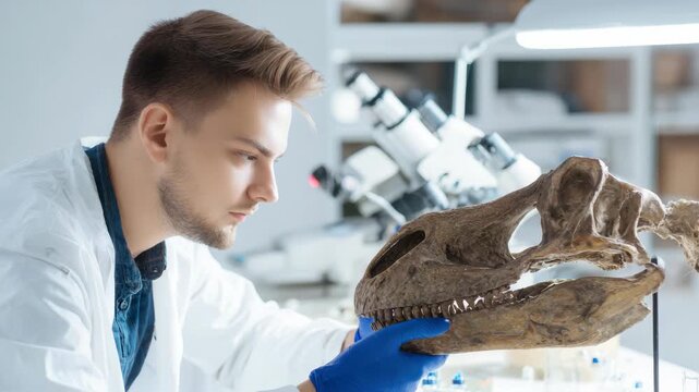 Paleontologist examining a dinosaur skull fossil in a laboratory setting, professional scientist conducting research on ancient prehistoric remains