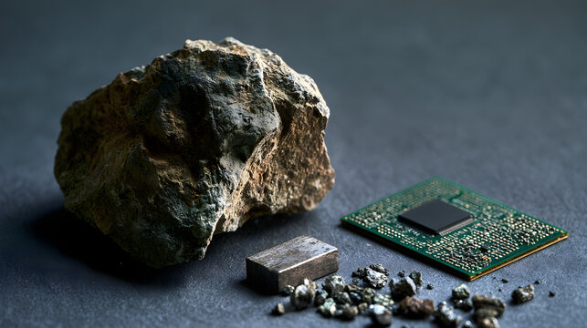 Raw piece of rare-earth ore next to a metal component and green electronic chip