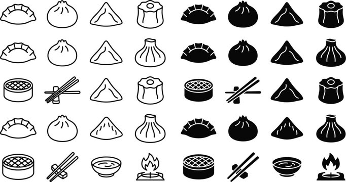 Asian dumpling and dim sum icon set featuring gyoza baozi khinkali wonton shumai bamboo steamer chopsticks and sauce bowl vector illustration