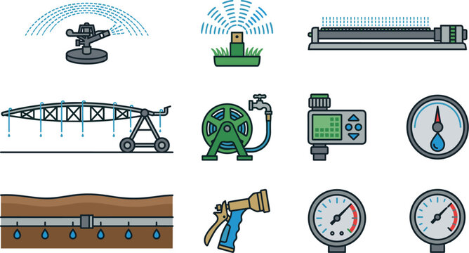 Agricultural irrigation system and garden watering vector icon set featuring automatic sprinkler spray nozzle hose reel drip underground pipe pressure gauge tools