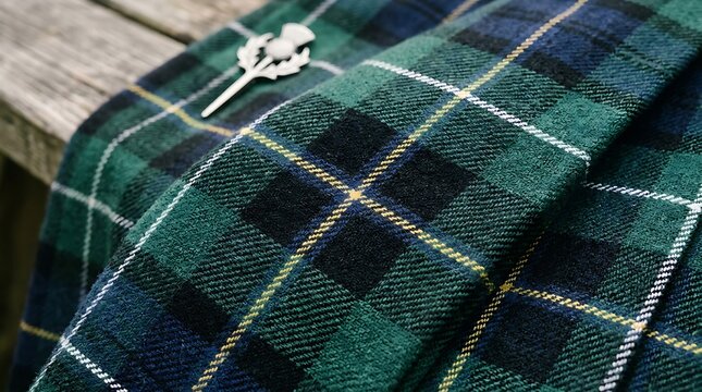 Scottish tartan fabric with thistle pin, green and blue plaid wool draped on wood.