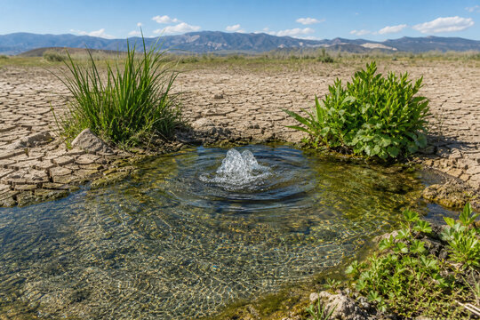 An artesian spring bubbling from cracked earth into a clear, plant-lined pool.