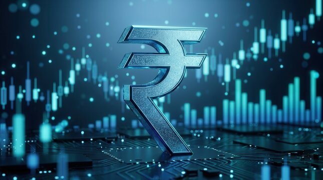 Digital currency trends and investment value rise with a shining Indian rupee symbol and abstract blue financial charts.