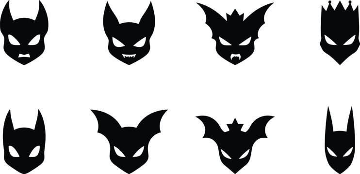 Halloween bat monster and devil head icon set featuring scary faces crown and wings black silhouette vector illustration