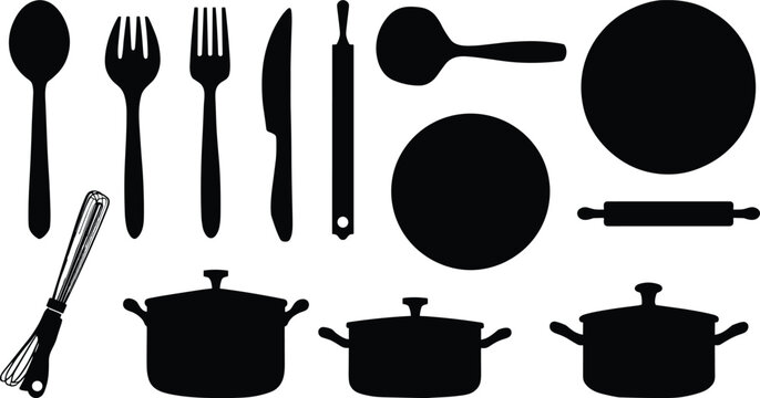 Kitchenware and Cutlery Silhouette Vector Set Featuring Cooking Pots, Plates, Rolling Pin, Whisk, Spoon, and Forks