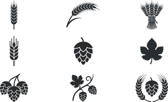 Brewing ingredients and agriculture icon set featuring wheat stalks barley ears beer hops vine branches maple leaf and wreath silhouette vector illustration