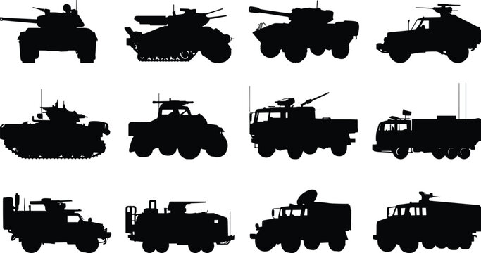 Military Vehicles Silhouette Vector Set Featuring Tanks Armored Personnel Carriers Tactical Trucks and Ground Combat Transport Collection