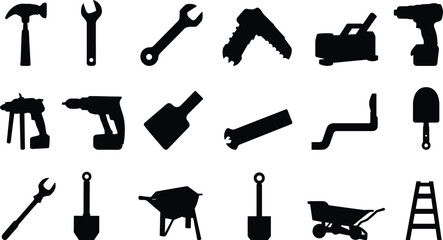 Set of construction tools and hardware black silhouettes including hammer wrench electric drill hand planer shovel wheelbarrow ladder isolated on white background © Mst Shamima