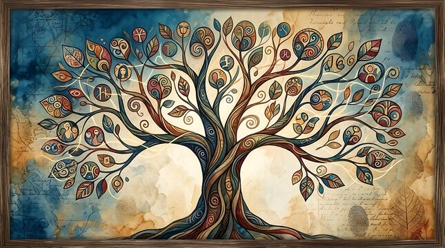 Stylized Tree of Life art with colorful leaves and intricate branches on a watercolor background.