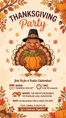 Naklejka premium Cute Thanksgiving Party Invitation Poster Template with Cartoon Pilgrim Turkey Holding a Pumpkin