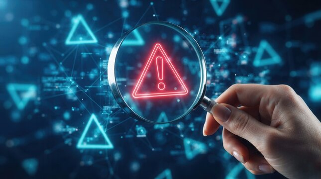 Magnifying glass reveals a red triangle warning sign during a system engineer's digital network examination.