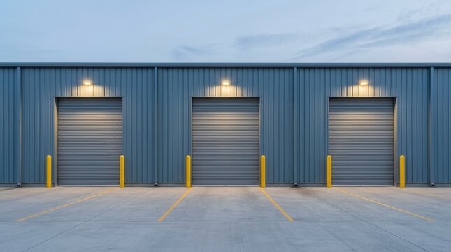 Distribution center building featuring three empty warehouse gates and closed industrial loading docks at twilight.
