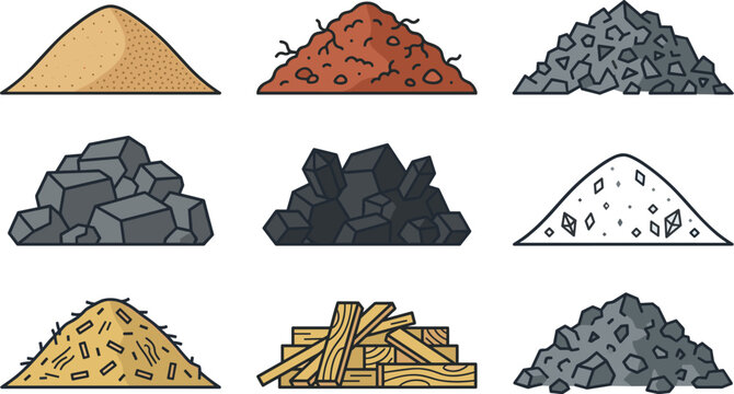 Construction material heap icon set featuring sand soil gravel coal stone crystal mulch lumber woodchips and aggregate piles vector illustration