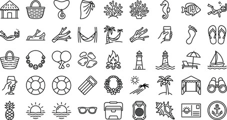 Tropical Beach Vacation and Summer Elements Line Icon Set © Sourav