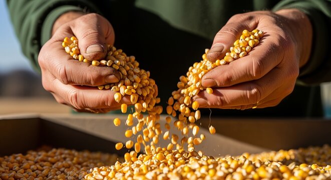 Senior farmer proudly displays freshly harvested corn grains with strong hands in slow motion