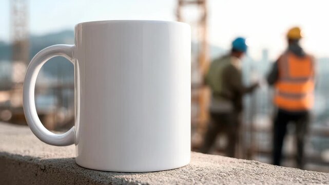 White coffee mug mockup on concrete surface with blurred construction site workers in background for architectural design or engineering project