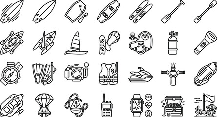 Water Sports Equipment and Scuba Diving Gear Line Icon Set © Sourav