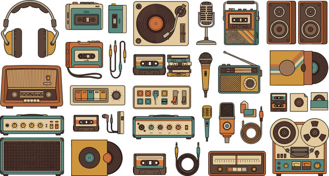 Nostalgic musical analog technology icons collection with reel to reel players guitar amplifiers walkman audio cables and turntable systems,