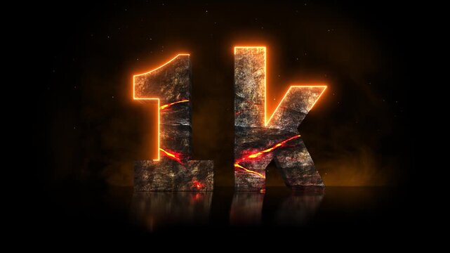 Cinematic 3D 1K milestone title reveal carved from volcanic rock with glowing lava cracks, drifting smoke and embers, celebrating followers and subscribers