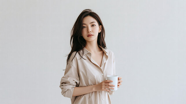 Young person in light clothing holding a clear glass cup thoughtfully