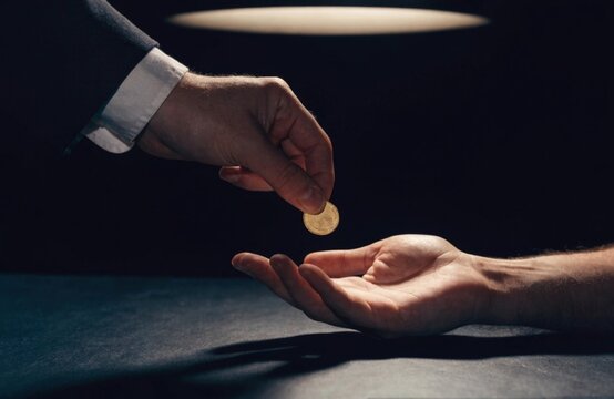Two hands exchanging a gold coin representing direct payment transfer and remittance in the financial technology sector