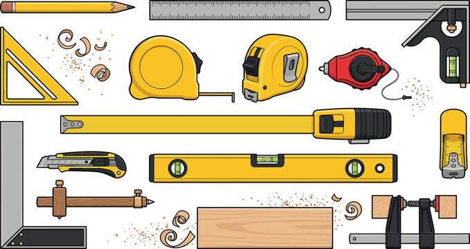 Professional carpentry and woodworking measurement tools kit featuring level tape measure square ruler pencil knife and timber vector elements