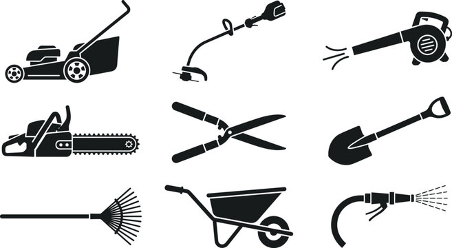 Gardening and lawn care equipment icon set with lawnmower trimmer leaf blower chainsaw shears shovel rake wheelbarrow and hose vector
