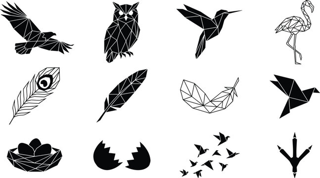 Geometric low poly birds and feathers icon set featuring eagle owl hummingbird flamingo peacock feather nest eggshell and flock silhouettes vector illustration