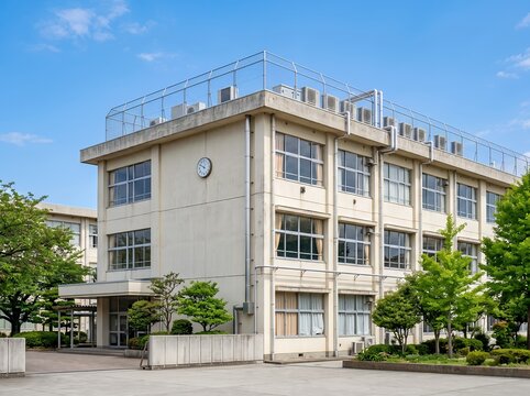 青い空と緑が映える日本の明るい校舎教育施設の風景