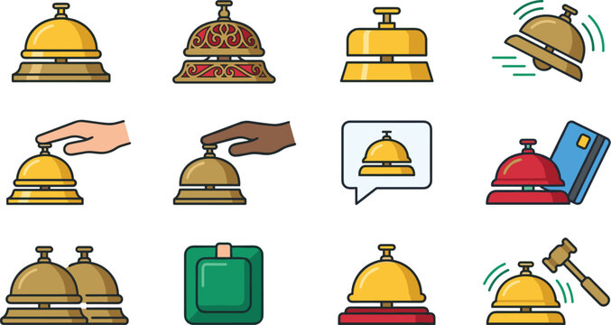 Hotel reception service bell icon set featuring hand pressing ringer ornate desk bells ringing signal speech bubble and payment card vector illustration