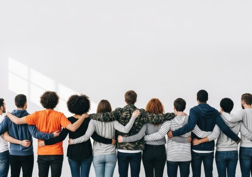Diverse Group of Young People Standing Together with Arms Around Each Other Back View Unity and Friendship Concept