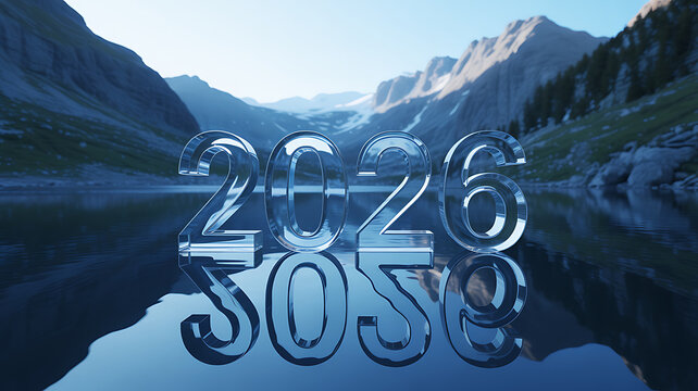 Glass 2026 New Year numbers over mountain lake. Transparent 2026 typography with water reflection. Scenic alpine landscape for future planning.