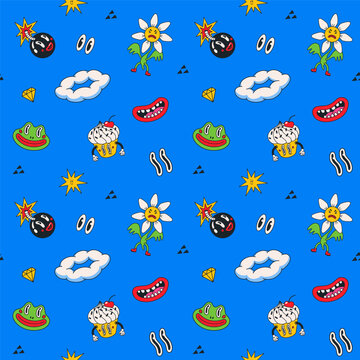 Cartoon pattern with groovy characters, comic faces and funky eyes on blue background. Comic pattern with abstract character doodles for fabric and wrapping paper. Drag to swatches panel to use