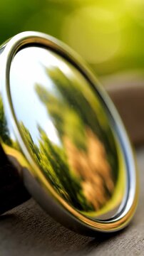 Close up of a convex mirror reflecting nature