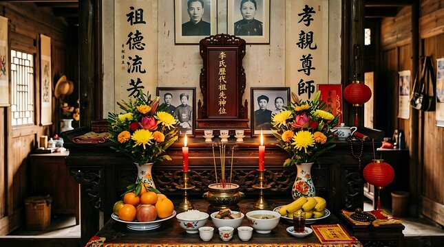 Traditional Chinese ancestral altar with offerings, portraits and incense