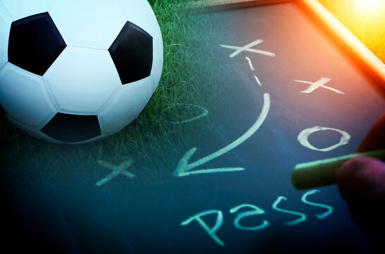 football tactics , soccer manager tactical instruction analysis on chalkboard