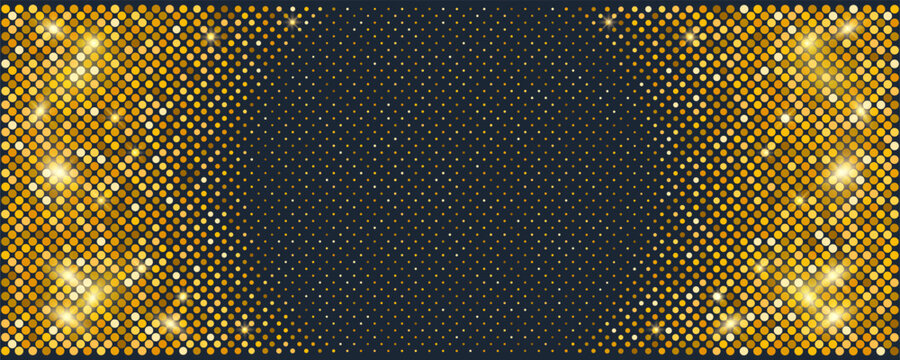 Golden shiny sequin dots and bright glowing sparkles forming a side frame on a dark blue empty background.