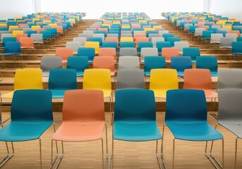 Fototapeta premium Modern Empty Lecture Hall with Rows of Vibrant Colorful Chairs in a University Auditorium Interior Design