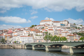 Naklejka premium Coimbra city skyline and Santa Clara Bridge over Mondego River