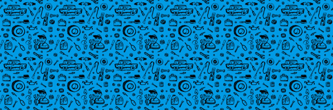 Blue seamless pattern with auto mechanic, pickup truck and garage tools. Hand drawn vector for wallpaper. Drag to swatches panel to use