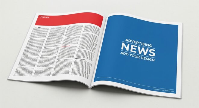 Open magazine mockup showing a page with text articles on the left and a blue page for advertising news design on the right